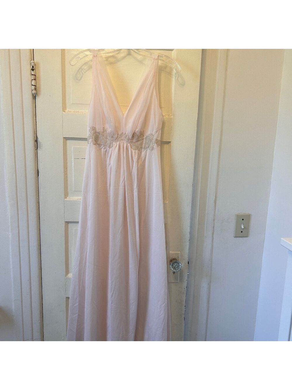 Vintage Van Raalte Nylon Blush Negligee Gown with Cream Lace Edging Sz 34 Nice!